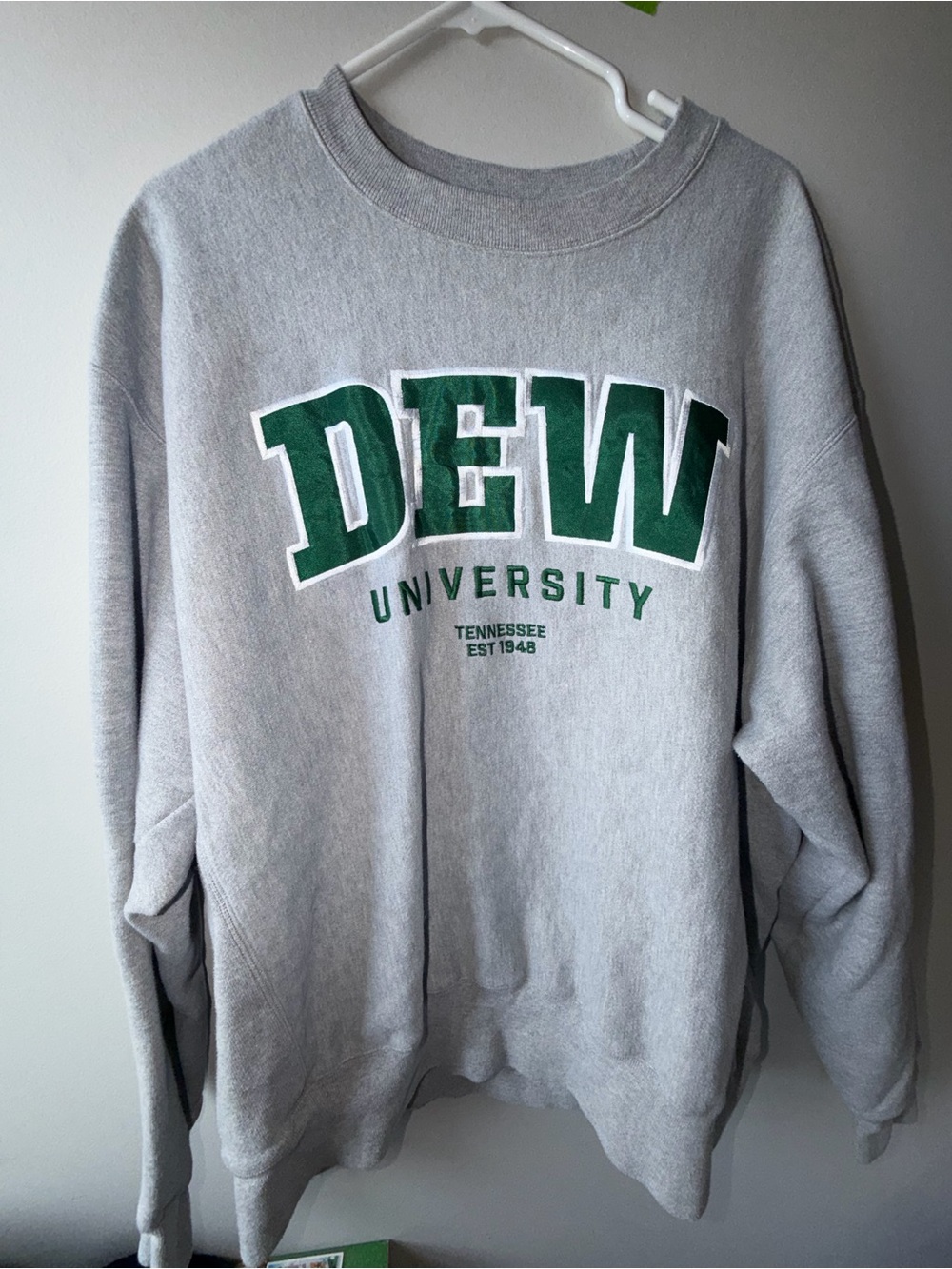 Champion Gray Crewneck Sweatshirt with Green DEW University Logo